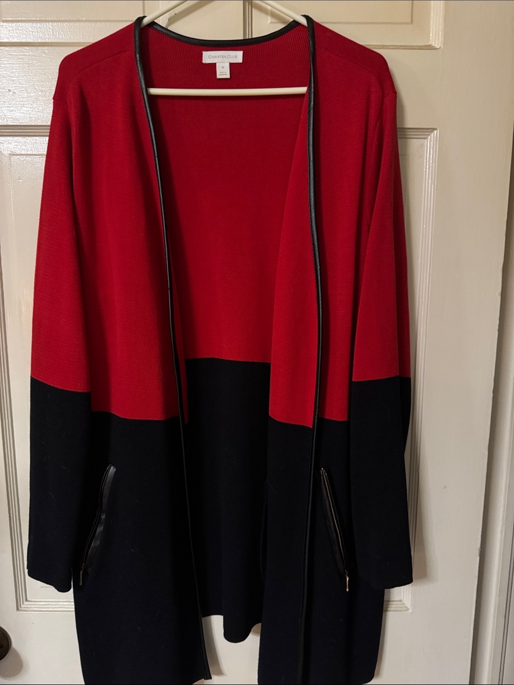 Charter Club Red and Black Open-Front Colorblock Cardigan Jacket
